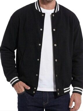 NIB Men's Black Button-Front Varsity Jacket S Sweatshirt Fleece Letterman